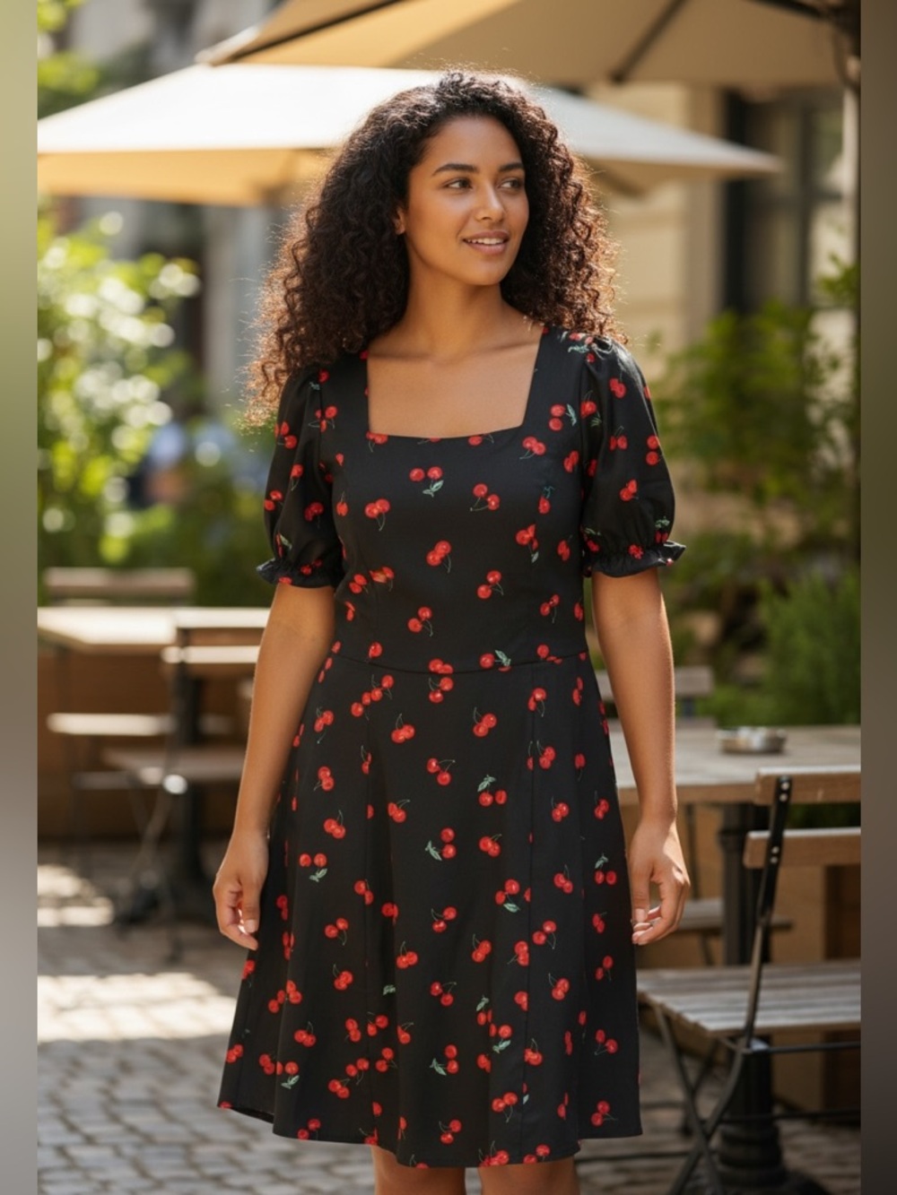 Chic Black Midi Dress with Cherry Pattern